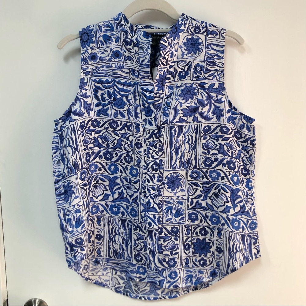Ann Taylor 100% linen sleeveless pullover top blue and white size XS NWT summer